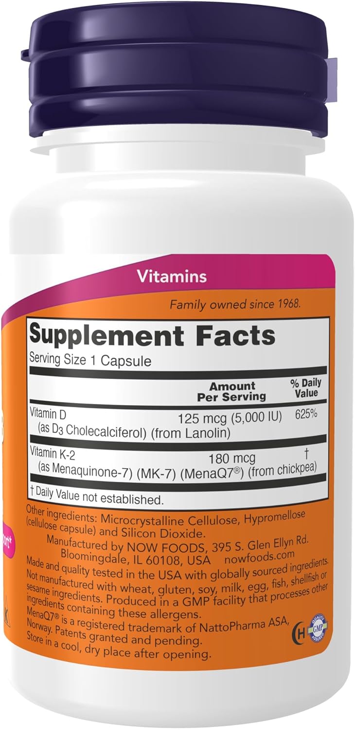 NOW Supplements, Mega D-3  MK-7 with Vitamins D-3  K-2, 5,000 IU/180 mcg, Bone  Cardiovascular Support*, 60 Veg Capsules