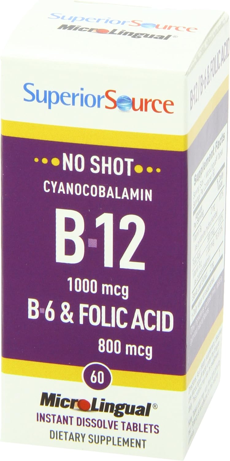 Superior Source B12/B6 /Folic Acid Multivitamin Tablet, 1000 mcg/2 mg/800 mcg, 60 Count