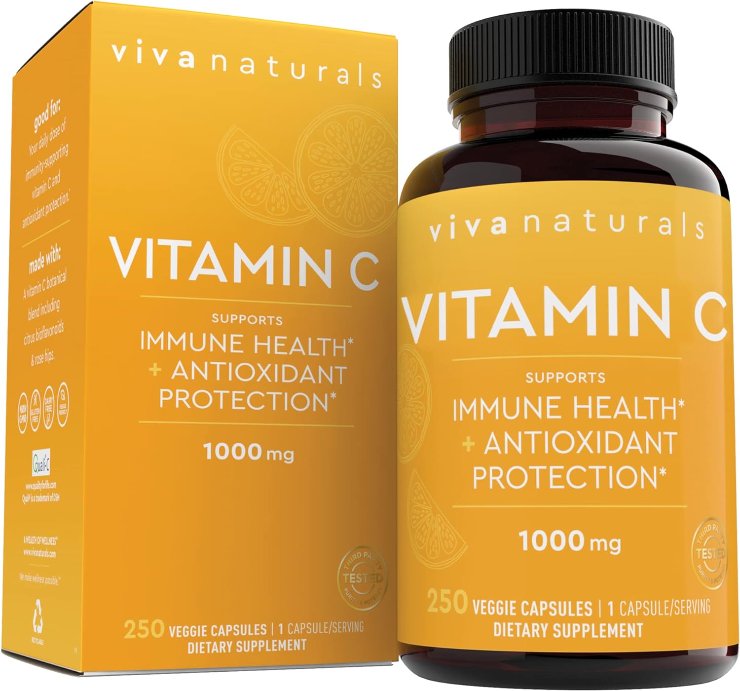 Viva Naturals Vitamin C 1000mg - Non-GMO Vitamin C Supplements with Citrus Bioflavonoids  Rose Hips for Immune Support  Antioxidant Protection, 250 Vegetarian Capsules
