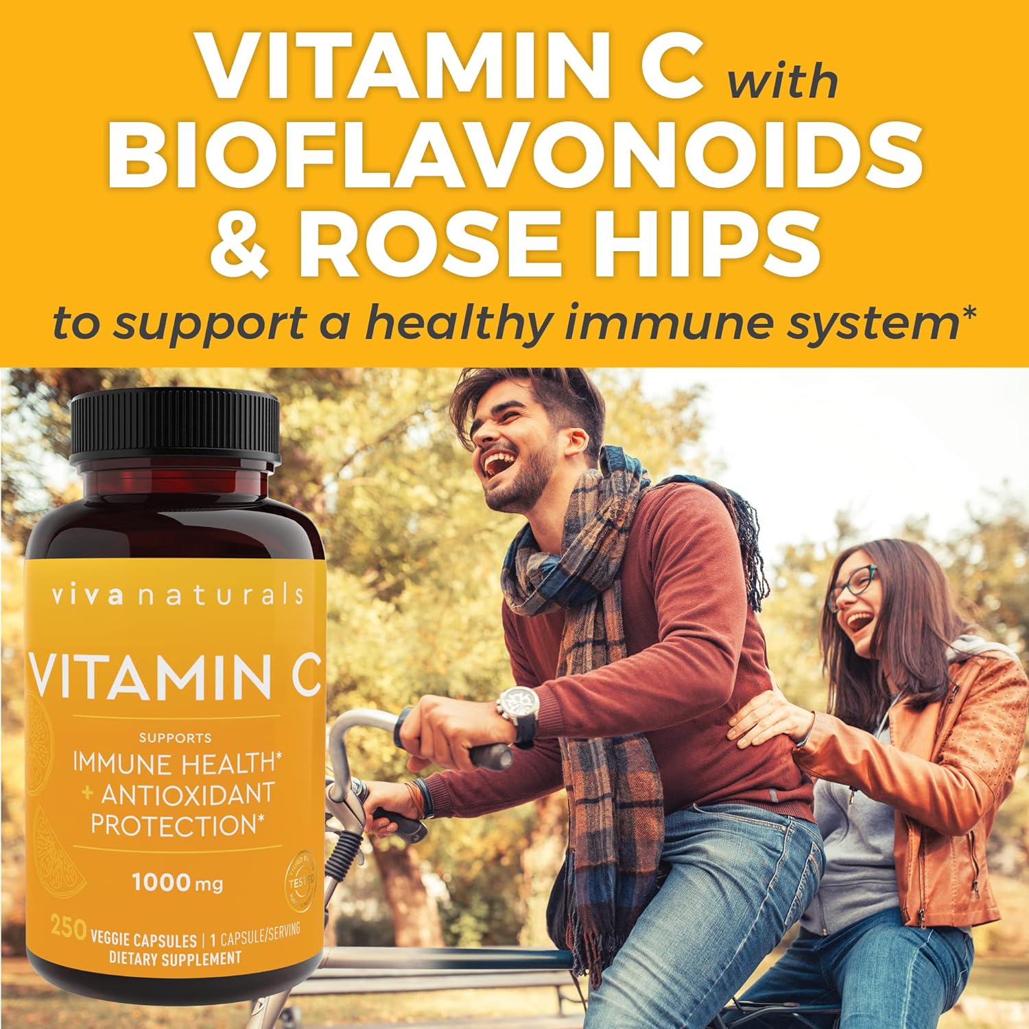 Viva Naturals Vitamin C 1000mg - Non-GMO Vitamin C Supplements with Citrus Bioflavonoids  Rose Hips for Immune Support  Antioxidant Protection, 250 Vegetarian Capsules