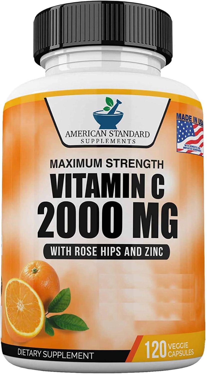 American Standard Supplements Vitamin C 2000mg, Zinc 40mg, and Rose HIPS 50mg Per Serving – Vegan, Gluten Free, Non-GMO, 120 Capsules, 60 Servings