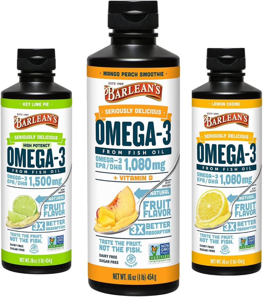 Barleans Seriously Delicious Fish Oil Smoothie Powerhouse Trio Bundle - Lemon Creme, Mango Peach  Key Lime Pie