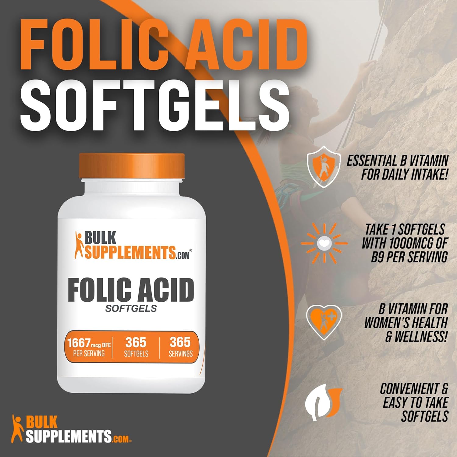 BULKSUPPLEMENTS.COM Folic Acid 1000mcg - Folic Acid Softgels, Vitamin B9, Folic Acid Supplement - Folic Acid Prenatal Vitamins, Folate Supplement, 1 Softgel per Serving, 365 Softgels