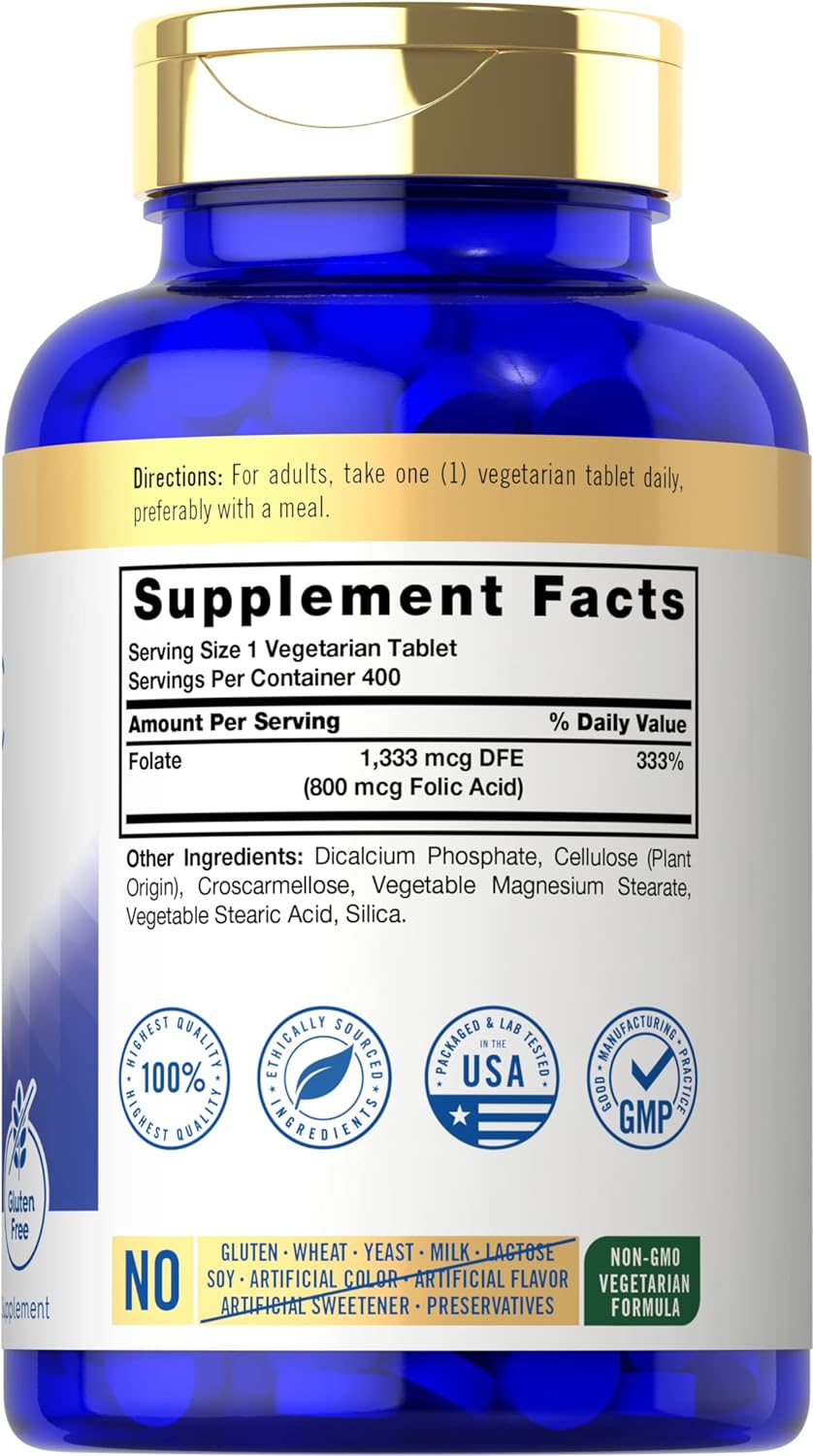 Carlyle Folic Acid 800 Mcg Tablets | 400 Count | Vegetarian, Non-GMO, Gluten Free