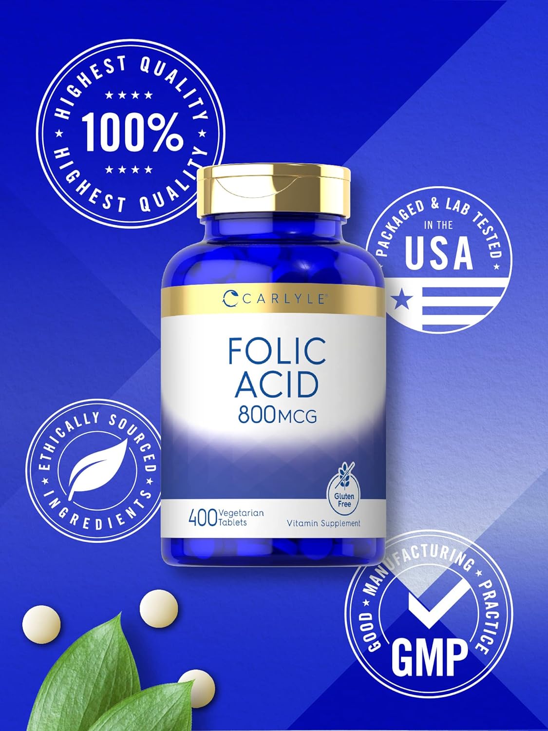 Carlyle Folic Acid 800 Mcg Tablets | 400 Count | Vegetarian, Non-GMO, Gluten Free