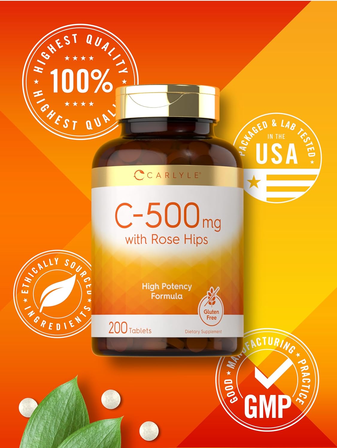 Carlyle Vitamin C with Rose HIPS 500mg | 200 Tablets | High Potency Formula | Vegetarian, Non-GMO and Gluten Free Supplement