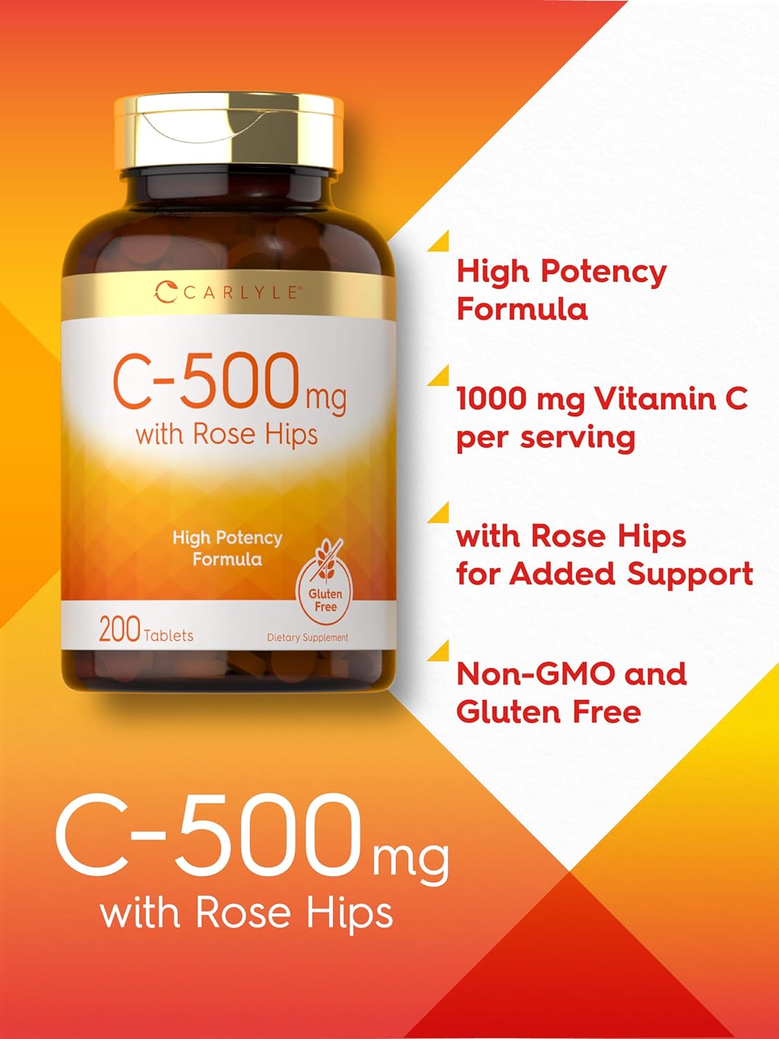 Carlyle Vitamin C with Rose HIPS 500mg | 200 Tablets | High Potency Formula | Vegetarian, Non-GMO and Gluten Free Supplement