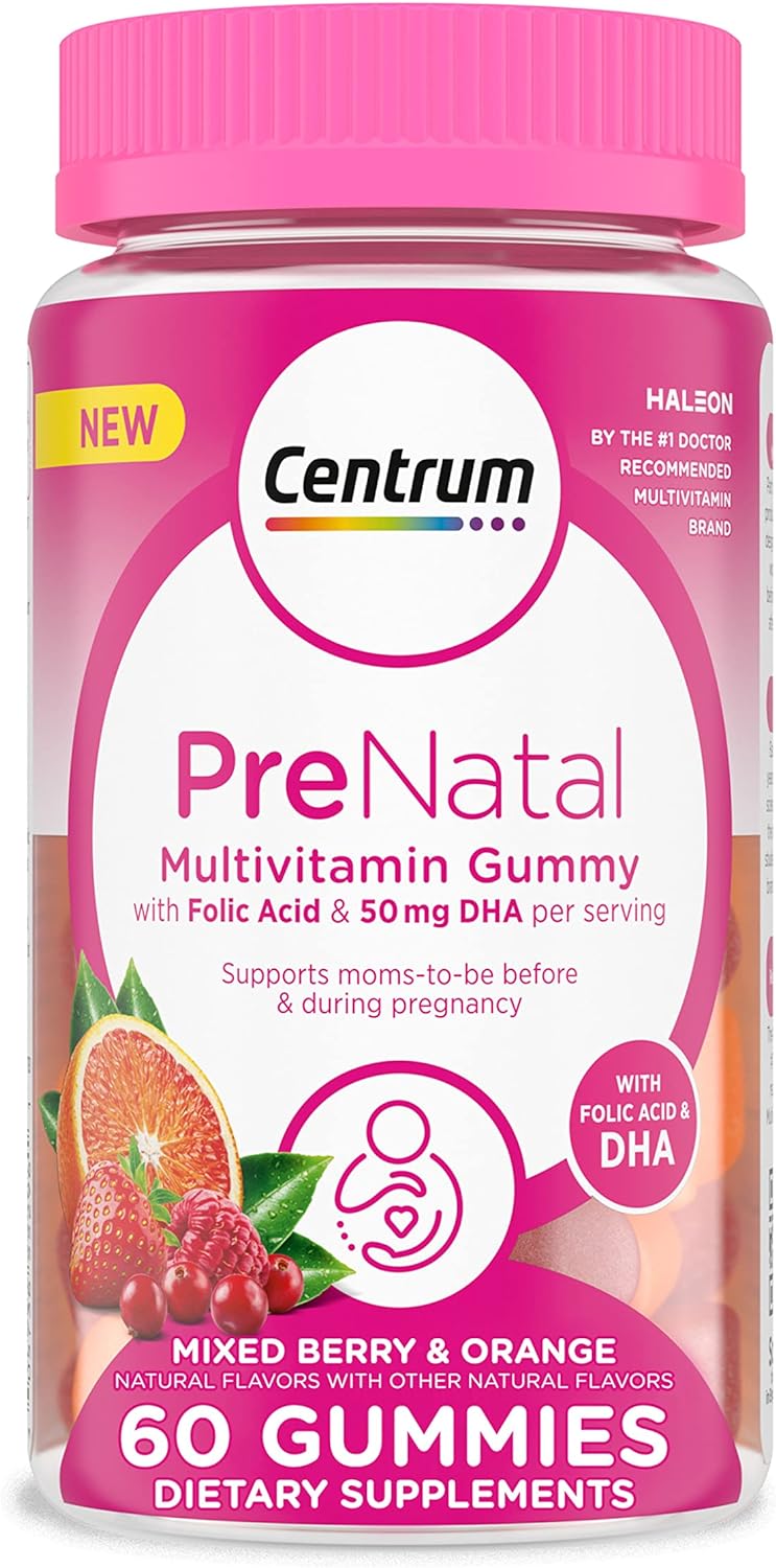 Centrum Prenatal Multivitamin Gummies with DHA and Folic Acid, Mixed Berry and Orange Flavors - 60 Count, 30 Day Supply