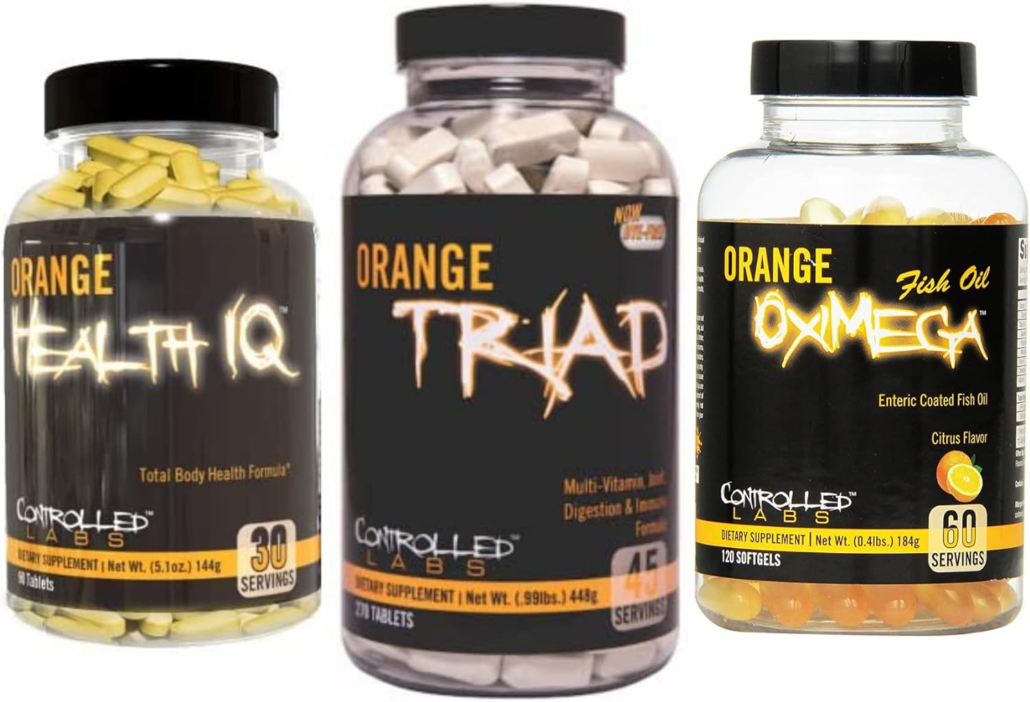 CONTROLLED LABS Overall Health Bundle, 45 Serving Orange Triad, 90 Count Orange Health IQ, 120 Count Orange Oximega Fish Oil, Muscle Building and Recovery Supplement for Men and Women
