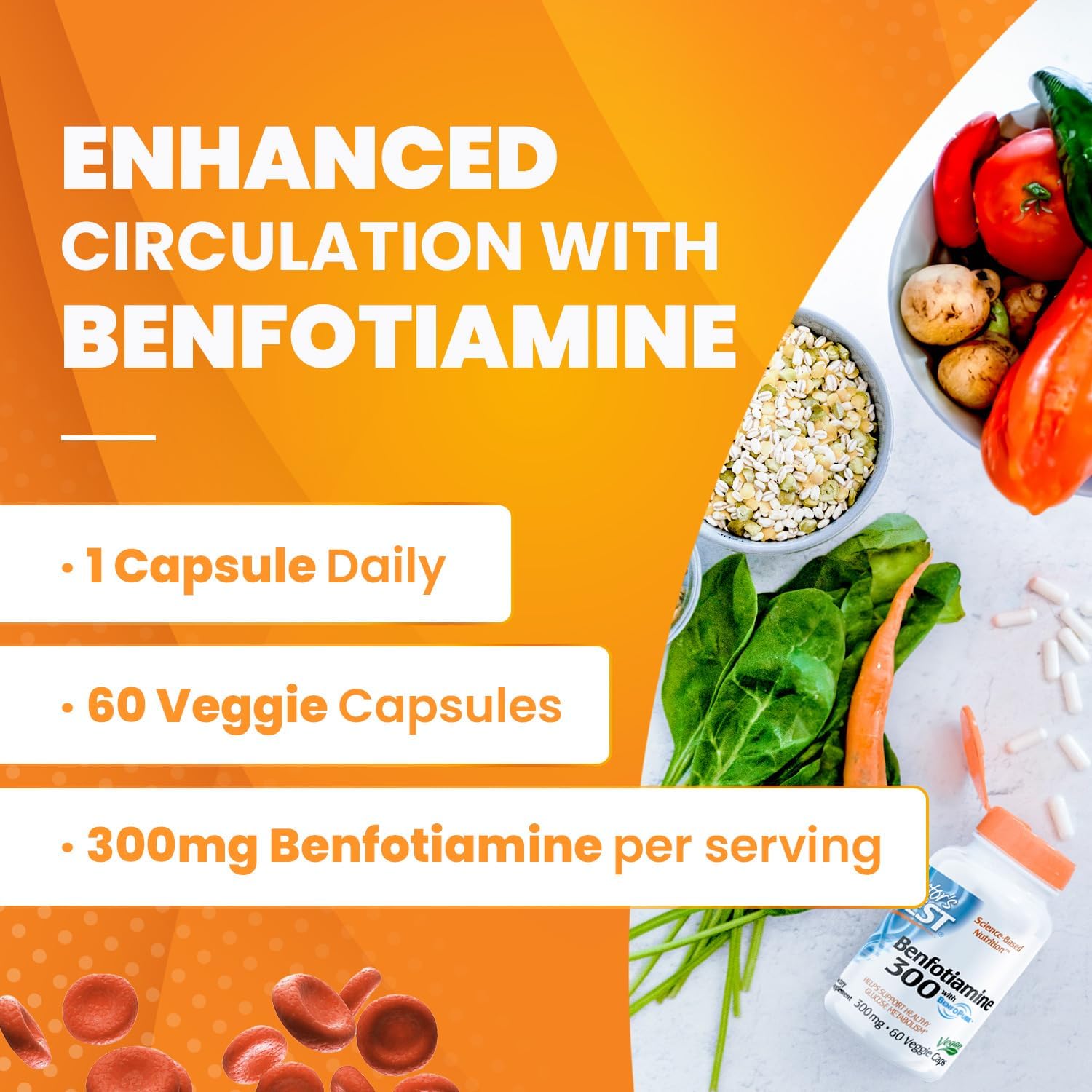 Doctors Best Benfotiamine 300 with BenfoPure, Helps Maintain Healthy Glucose Metabolism, Non-GMO, Vegan, Gluten Free, Soy Free, 300 mg, 60 Veggie Caps