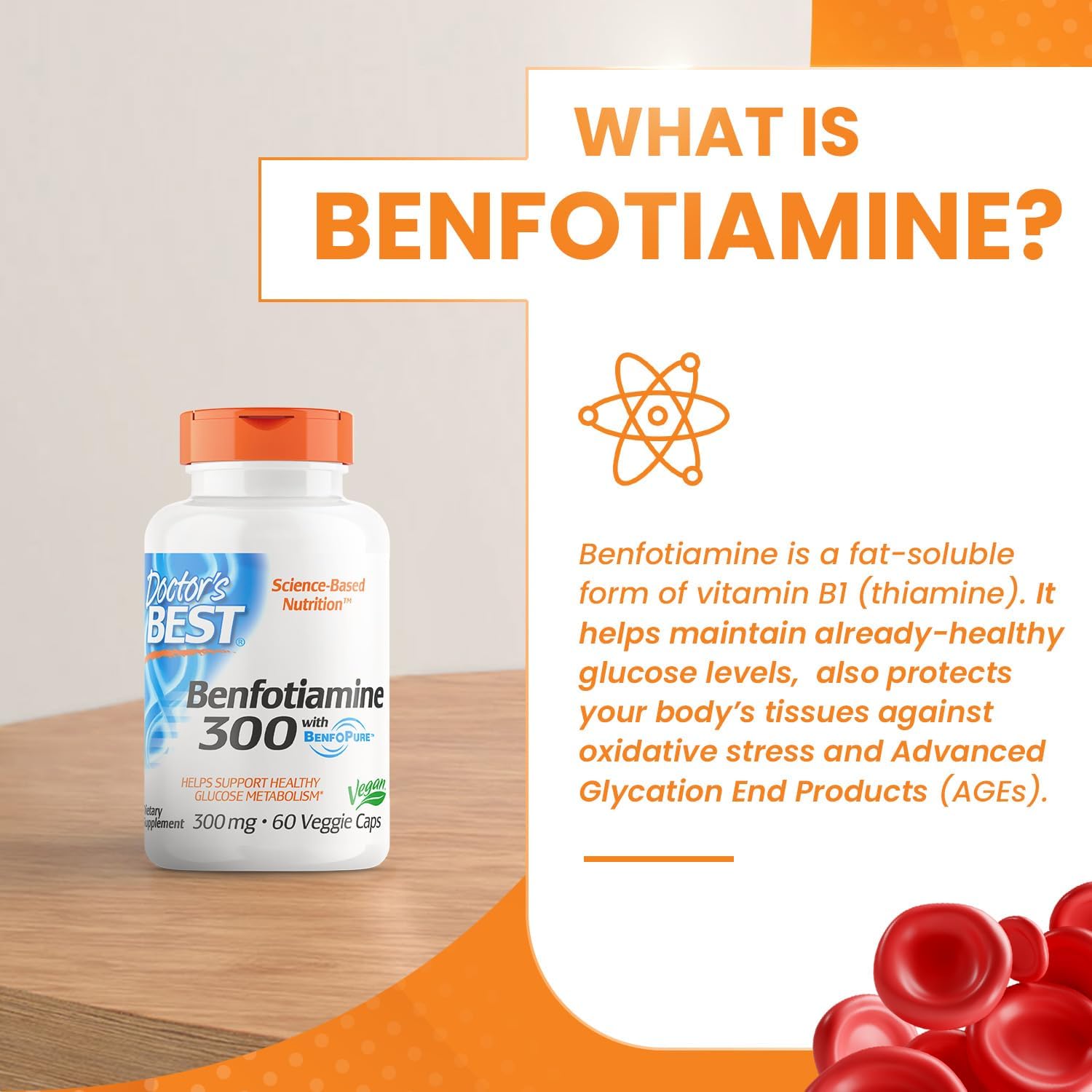 Doctors Best Benfotiamine 300 with BenfoPure, Helps Maintain Healthy Glucose Metabolism, Non-GMO, Vegan, Gluten Free, Soy Free, 300 mg, 60 Veggie Caps