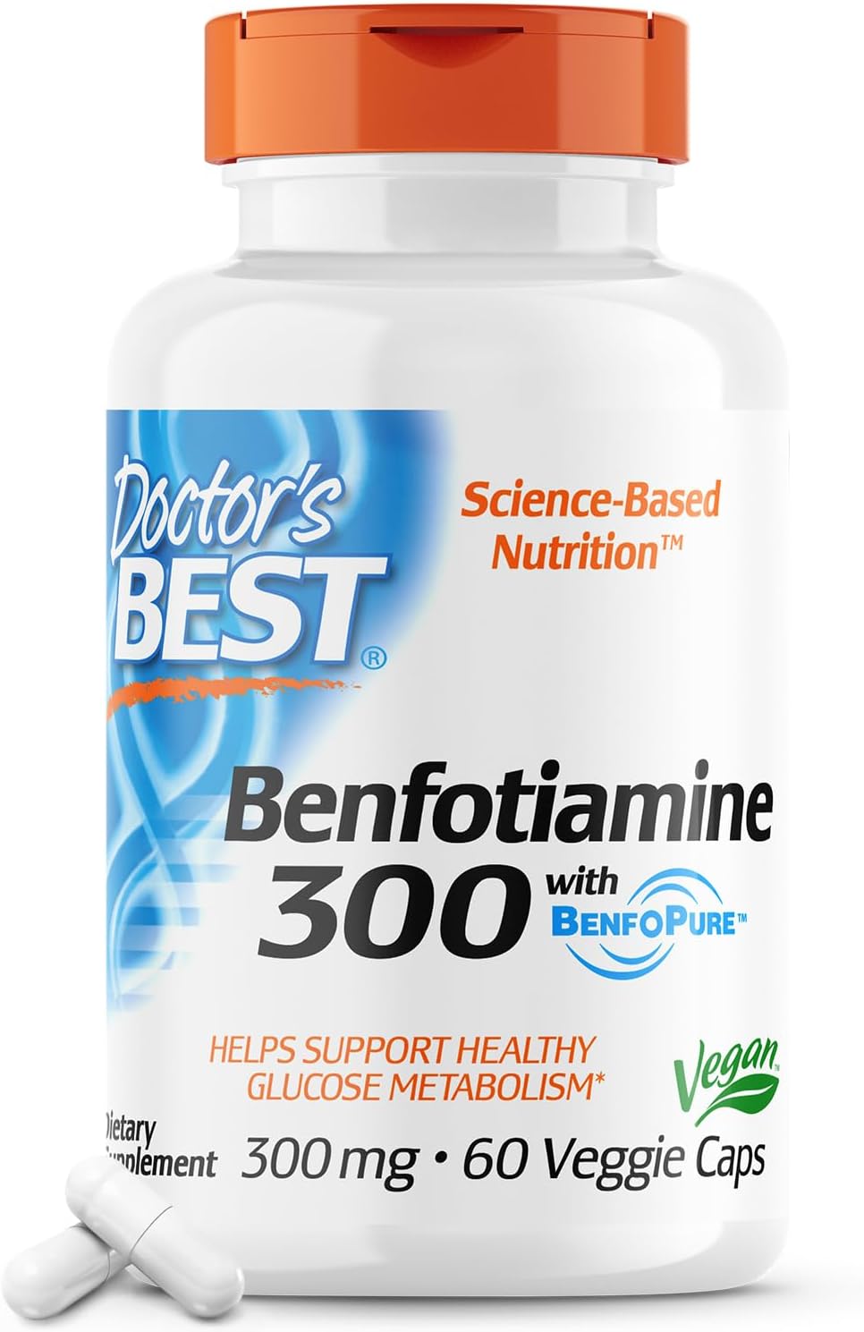 Doctors Best Benfotiamine 300 with BenfoPure, Helps Maintain Healthy Glucose Metabolism, Non-GMO, Vegan, Gluten Free, Soy Free, 300 mg, 60 Veggie Caps