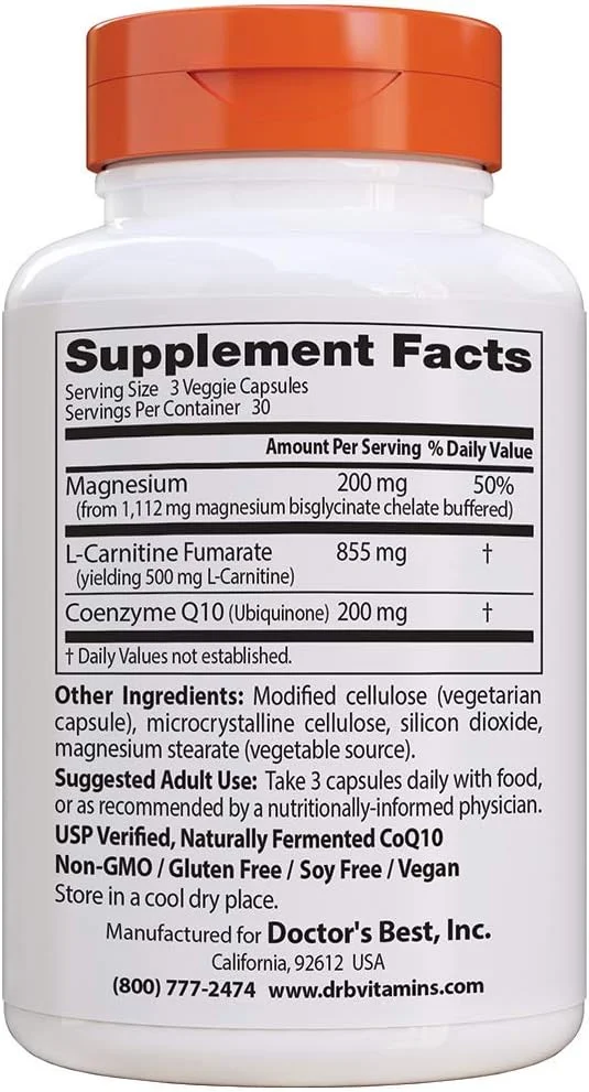 Doctors Best Coq10/l-Carnitine/Magnesium Unique Blend, Supports Energy, Muscle Mass  Muscle Recovery, Veggie Caps, 90Count