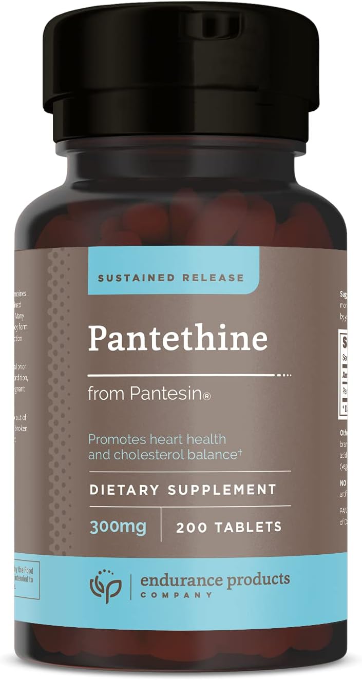 Endurance Products Pantethine from Pantesin - 300mg Sustained Release for Optimal Absorption - 200 Tablets - Vitamin B5 Pantothenic Acid - Supports Lipid Metabolism  Cardiovascular Health*
