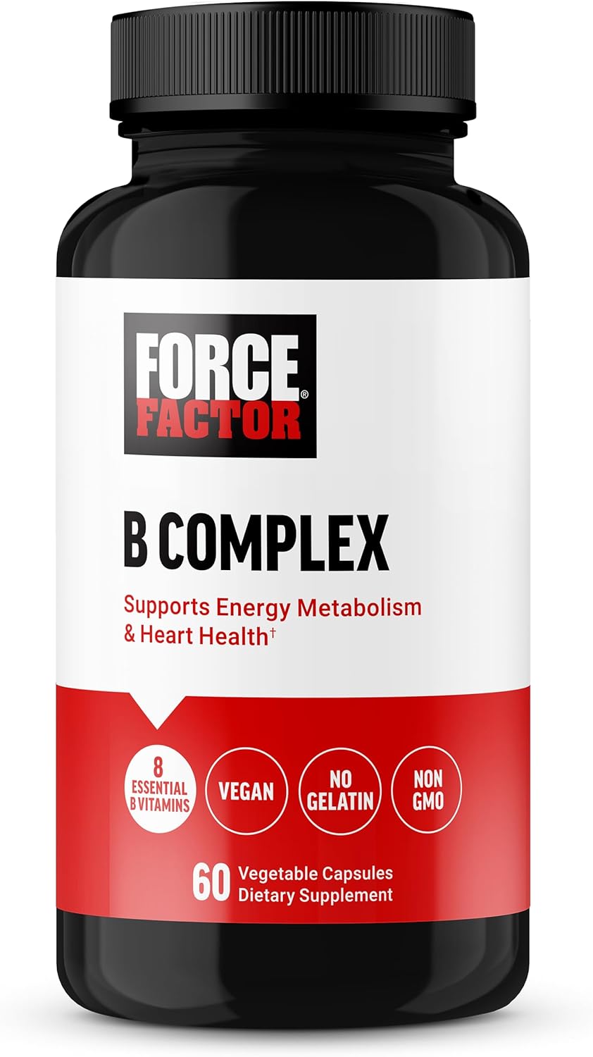 FORCE FACTOR Vitamin B Complex to Support Energy, Vitality, and Heart Health, Includes Vitamin B1, Vitamin B2, Vitamin B3, Vitamin B6, Vitamin B12, and More, Vegan, Non-GMO, 60 Vegetable Capsules