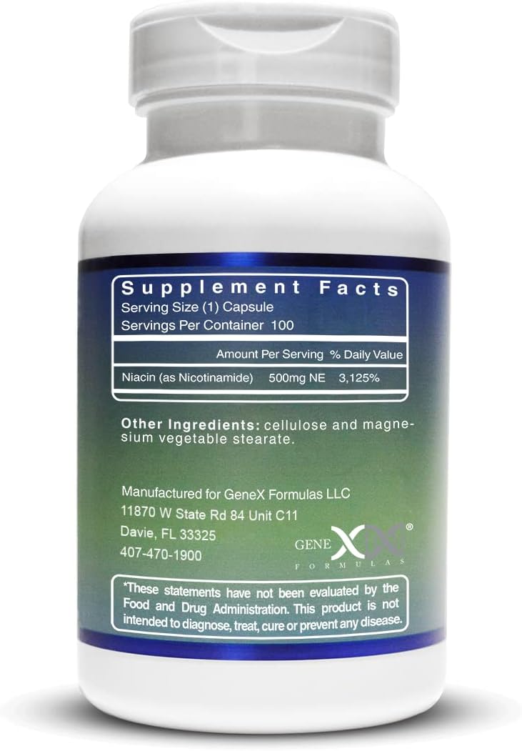 Genex Formulas - Nicotinamide 500mg Vitamin B3 Flush Free Niacin Capsules for Healthy Skin - Niacinamide Supplement Pills Help Produce Keratin  Support Skin Cell Health  Energy - (100 Capsules)