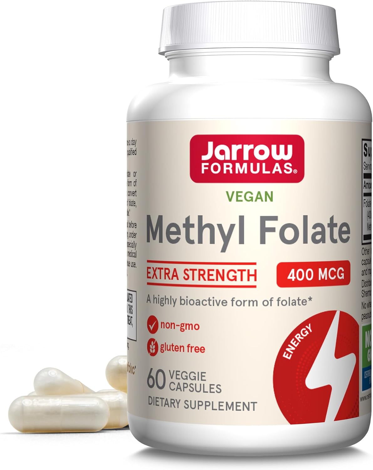 Jarrow Formulas Extra Strength Methyl Folate 400 mcg, Dietary Supplement for Cardiovascular and Neurologic Health Support, 60 Veggie Capsules, 60 Day Supply