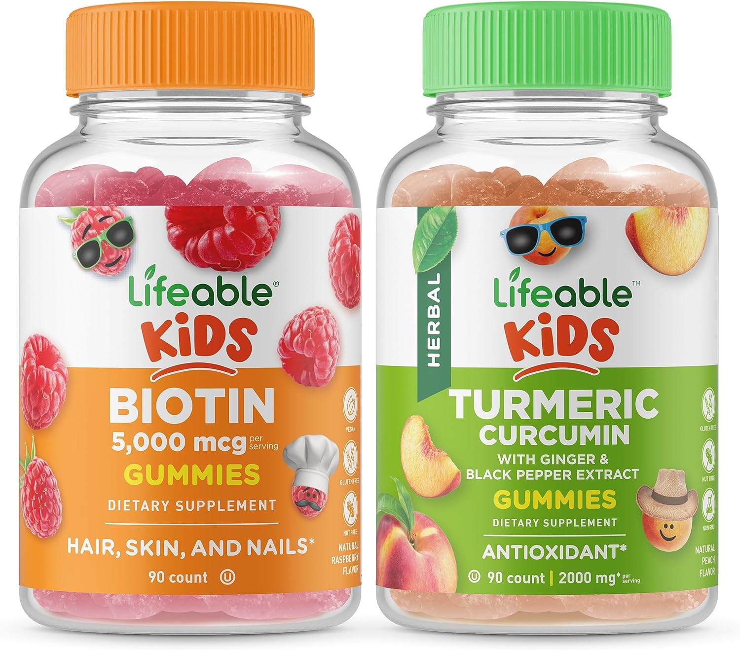 Lifeable Biotin Kids + Turmeric Curcumin Kids, Gummies Bundle - Great Tasting, Vitamin Supplement, Gluten Free, GMO Free, Chewable Gummy
