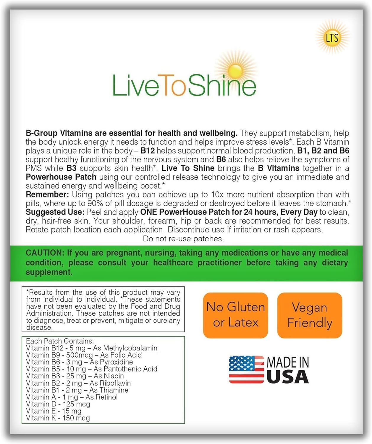 Live To Shine Energy Be Patch - Natural Ingredients for Energy, Alertness and Wellbeing - 30 Patches - USA Made