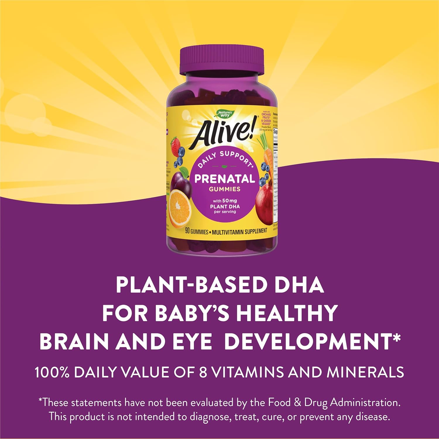 Natures Way Alive! Prenatal Gummies with DHA, Supports Babys Eye and Brain Development*, Orange and Raspberry Lemonade Flavored, 90 Gummies