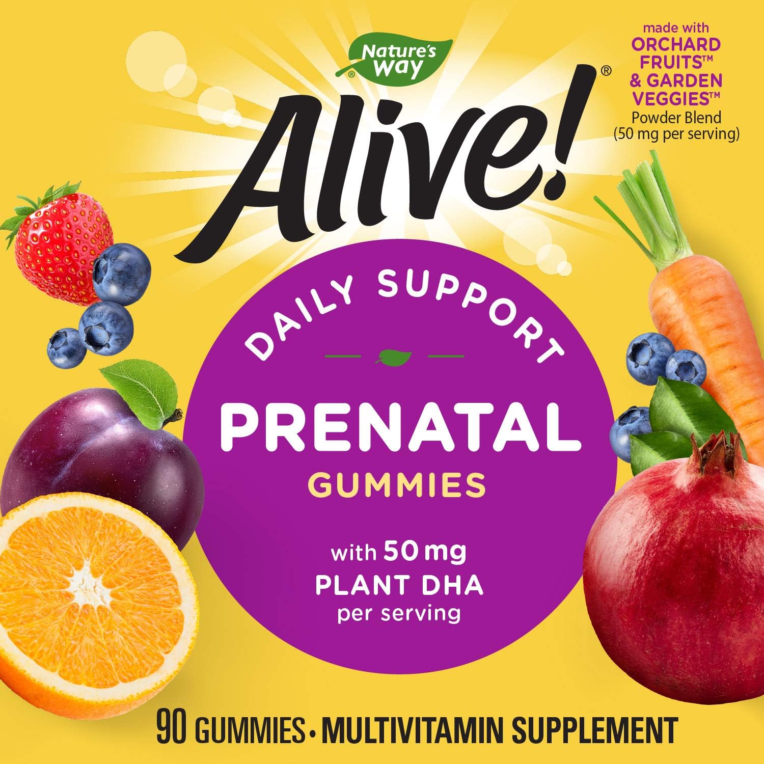 Natures Way Alive! Prenatal Gummies with DHA, Supports Babys Eye and Brain Development*, Orange and Raspberry Lemonade Flavored, 90 Gummies