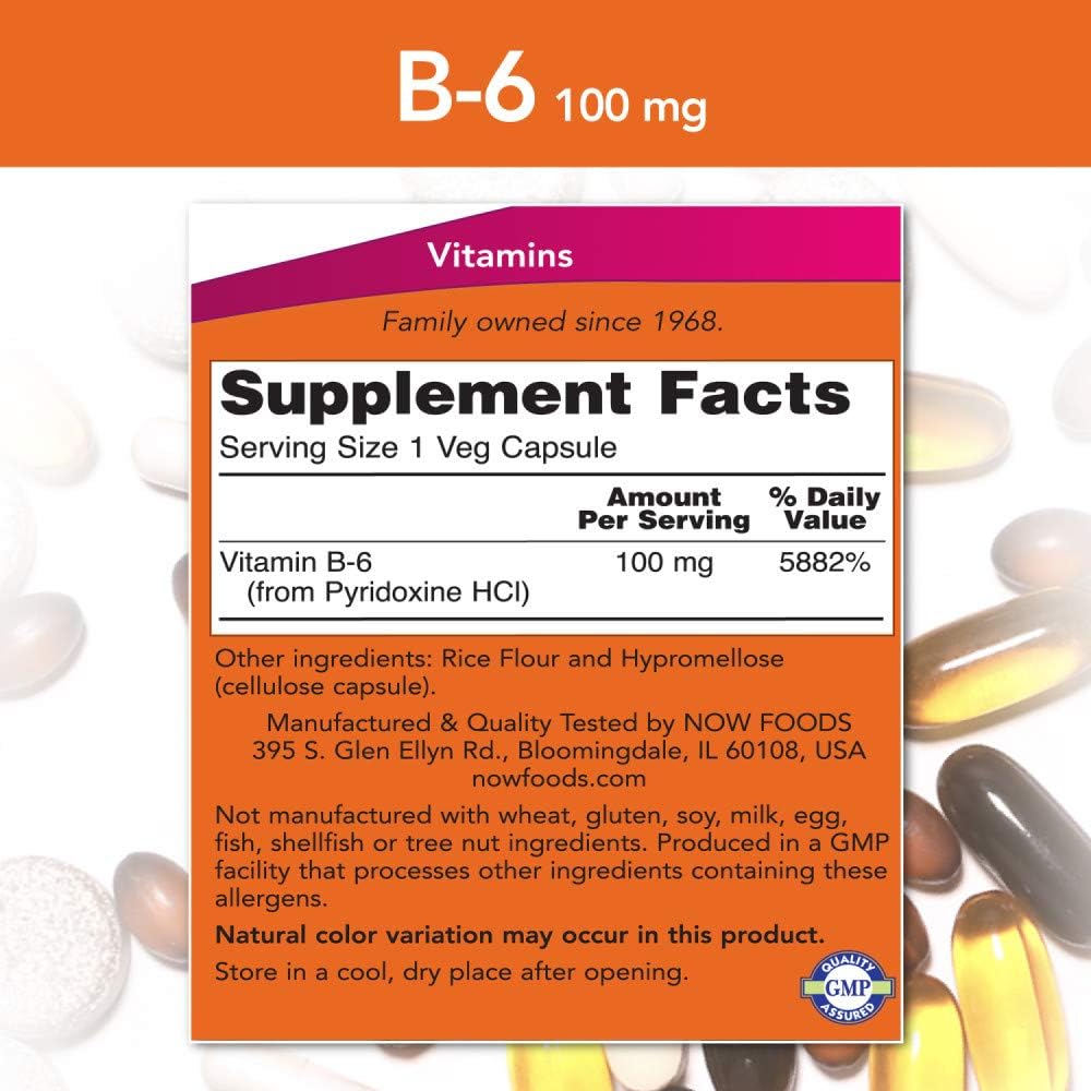 NOW Supplements, Vitamin B-6 (Pyridoxine HCl) 100 mg, Cardiovascular Health*, 250 Veg Capsules