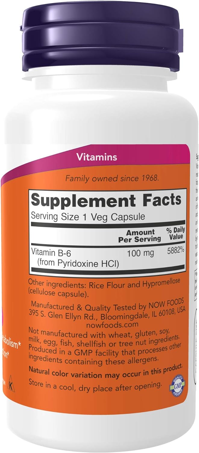 NOW Supplements, Vitamin B-6 (Pyridoxine HCl) 100 mg, Cardiovascular Health*, 250 Veg Capsules