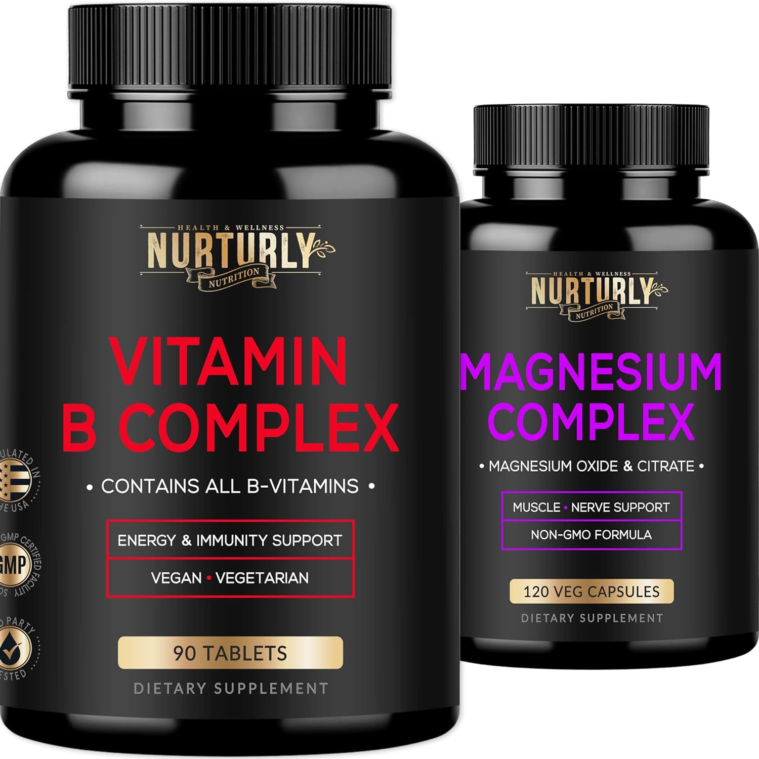 NURTURLY Magnesium and Vitamin B Complex - Magnesium Citrate 500MG - B Vitamins B1,B2,B3,B5,B6,B7,B9,B12 and Biotin - Muscle Relaxatio, Sleep and Energy, Immunity and Mood Support