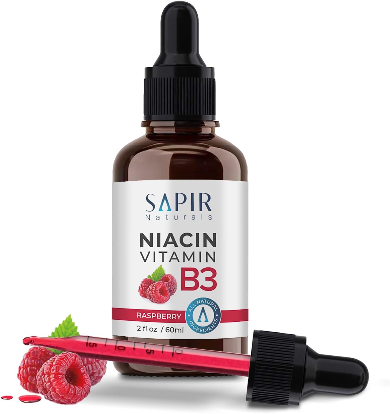 Sapir Naturals Vitamin B3 Liquid Drops 2 oz - Niacin B3 Supplement - Raspberry Flavor - Made in USA