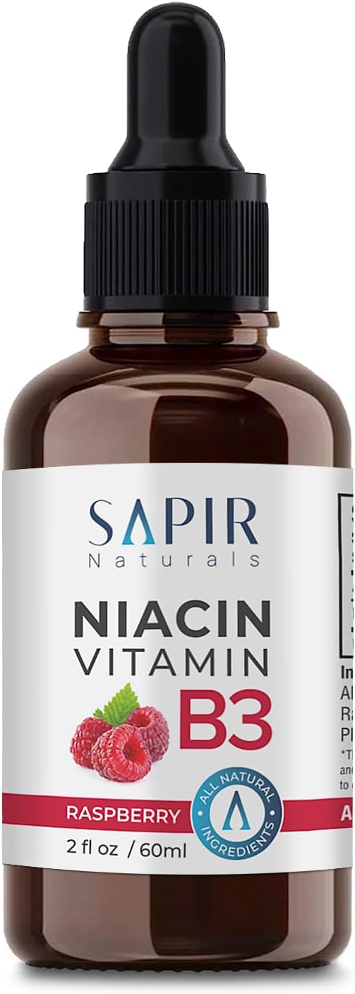 Sapir Naturals Vitamin B3 Liquid Drops 2 oz - Niacin B3 Supplement - Raspberry Flavor - Made in USA