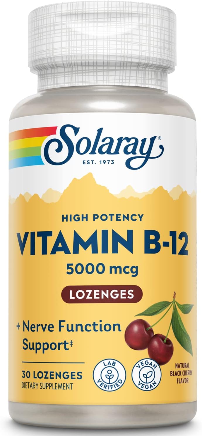 SOLARAY Vitamin B-12 5000mcg Lozenges | Natural Cherry Flavor | Healthy Energy  Nerve Function Support | 30ct