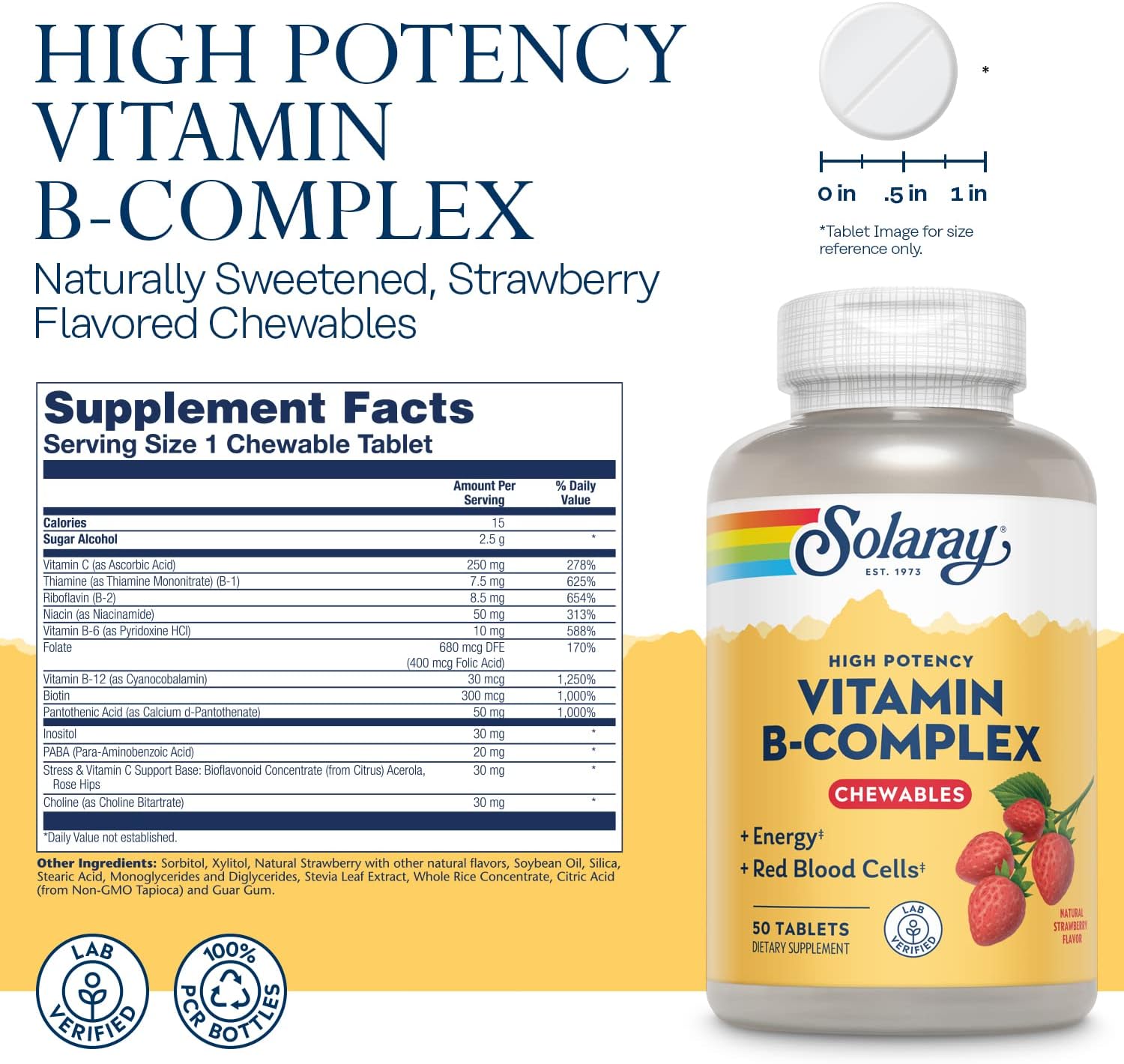 SOLARAY Vitamin B-Complex Chewables, Strawberry, Healthy Energy, Red Blood Cell, Stress  Metabolism Support, 50 Tablets