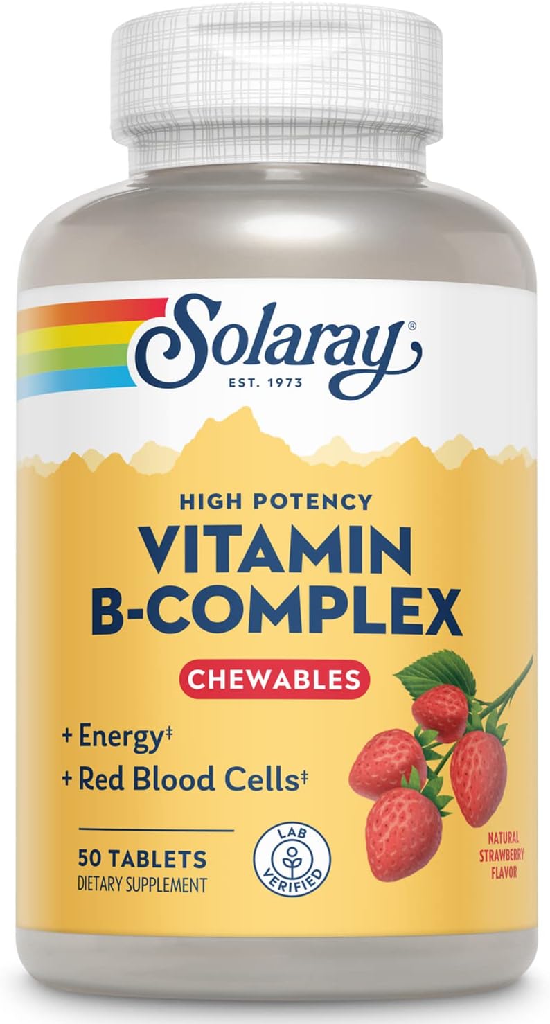 SOLARAY Vitamin B-Complex Chewables, Strawberry, Healthy Energy, Red Blood Cell, Stress  Metabolism Support, 50 Tablets
