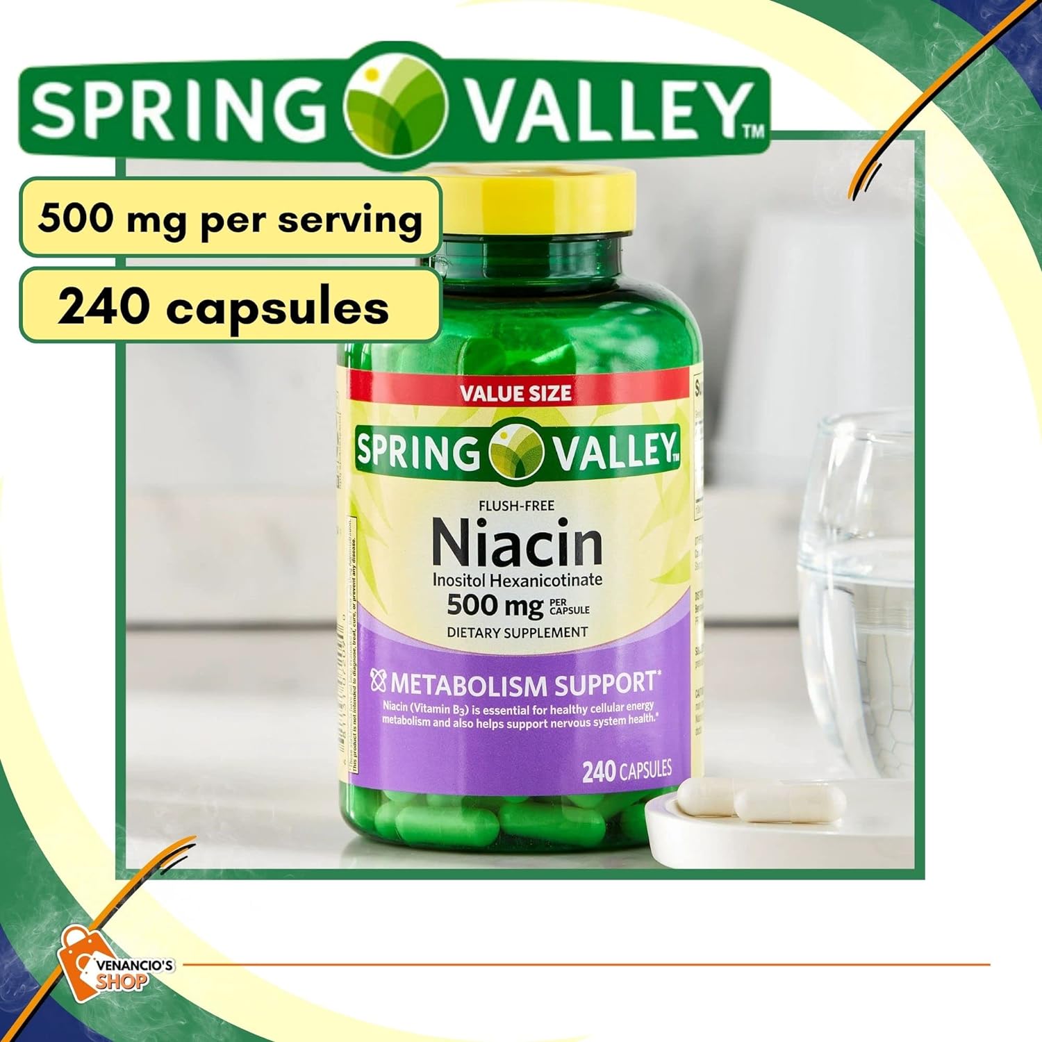 Spring Valley Vitamin B3 Niacin 500mg Flush Free Capsules, Dietary Supplement and Metabolism Support Supplement *+ Includes Venancio’sFridge Sticker (60 Pills)