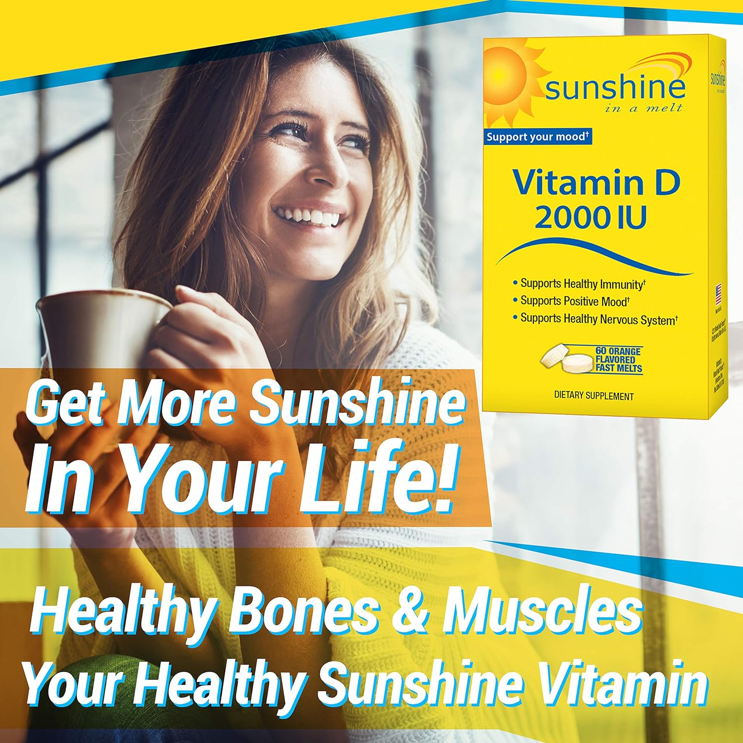 Sunshine Vitamin D 2,000 IU Quick Melts, Fast Release, Healthy and Strong Bones, 60 Servings