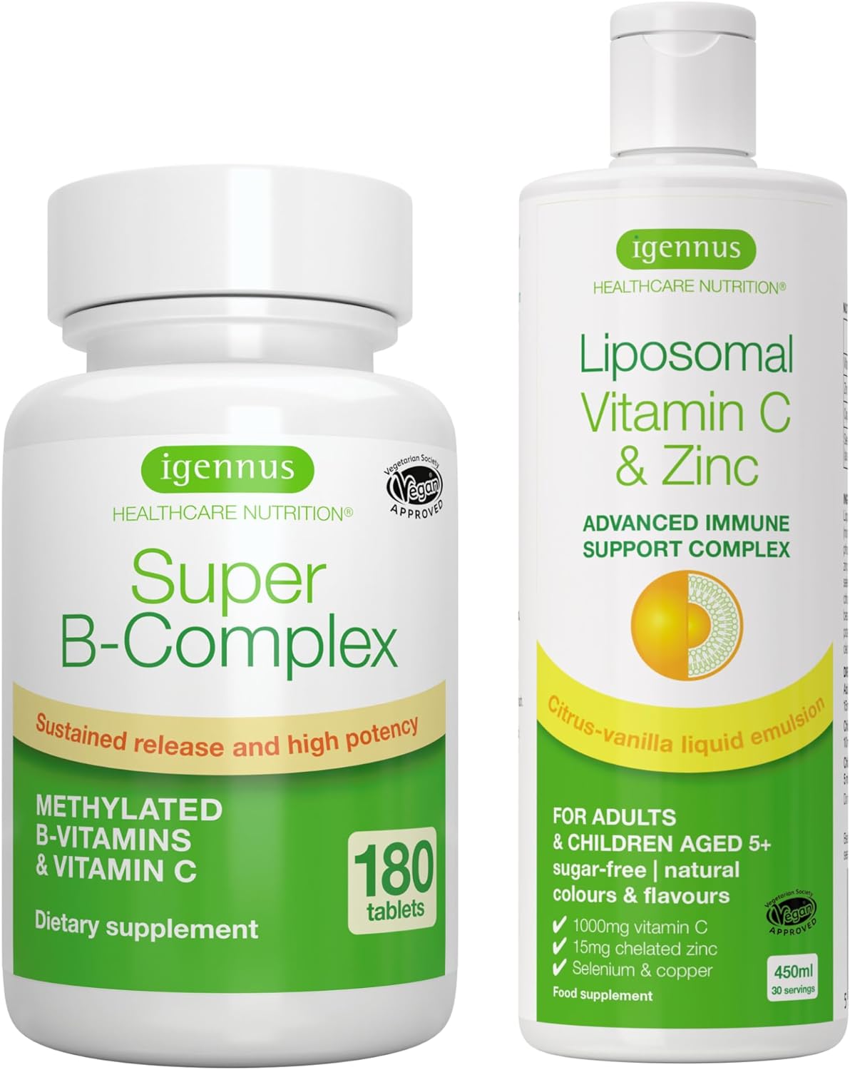 Super B-Complex + Liposomal Vitamin C 1000mg  Zinc Vegan Bundle, Methylated Sustained Release B Complex  High Absorption Liquid Immune Support Complex, by Igennus