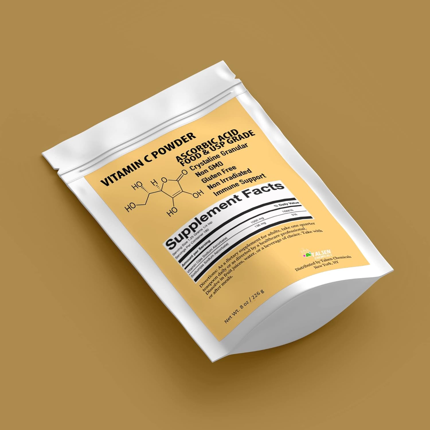 Talsen Chemicals Pure Vitamin C Powder Organic (8 Oz / 226 g) Ascorbic Acid Powder Powerful Antioxidant for Skin DIY Skin Care