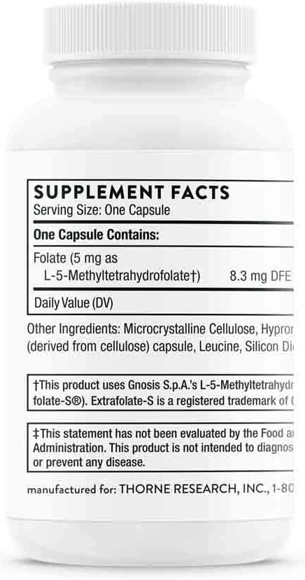 THORNE 5-MTHF 5mg - Methylfolate (Active B9 Folate) Supplement - Supports Cardiovascular Health, Fetal Development, Nerve Health, Methylation, and Homocysteine Levels - 60 Capsules