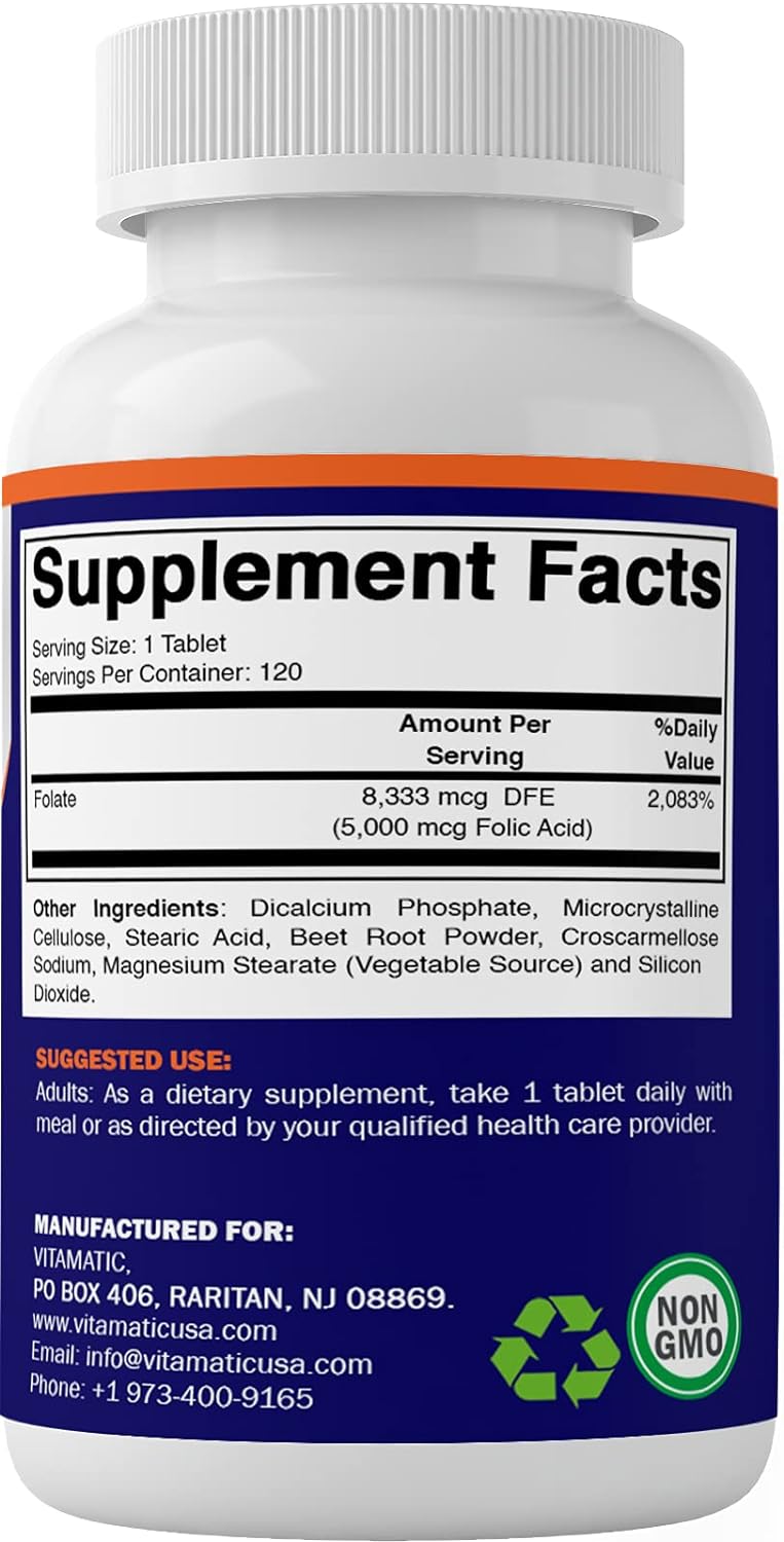 Vitamatic Folic Acid 5mg (5000 mcg) - 120 Vegetarian Tablets - (Vitamin B9 Folate)