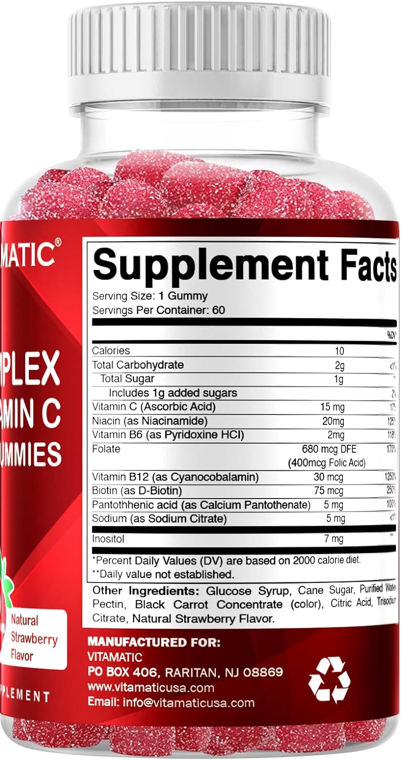 Vitamatic Vitamin B Complex Gummies with Vitamin C  Inositol - Natural Strawberry Flavor - 60 Gummies (1 Bottle)