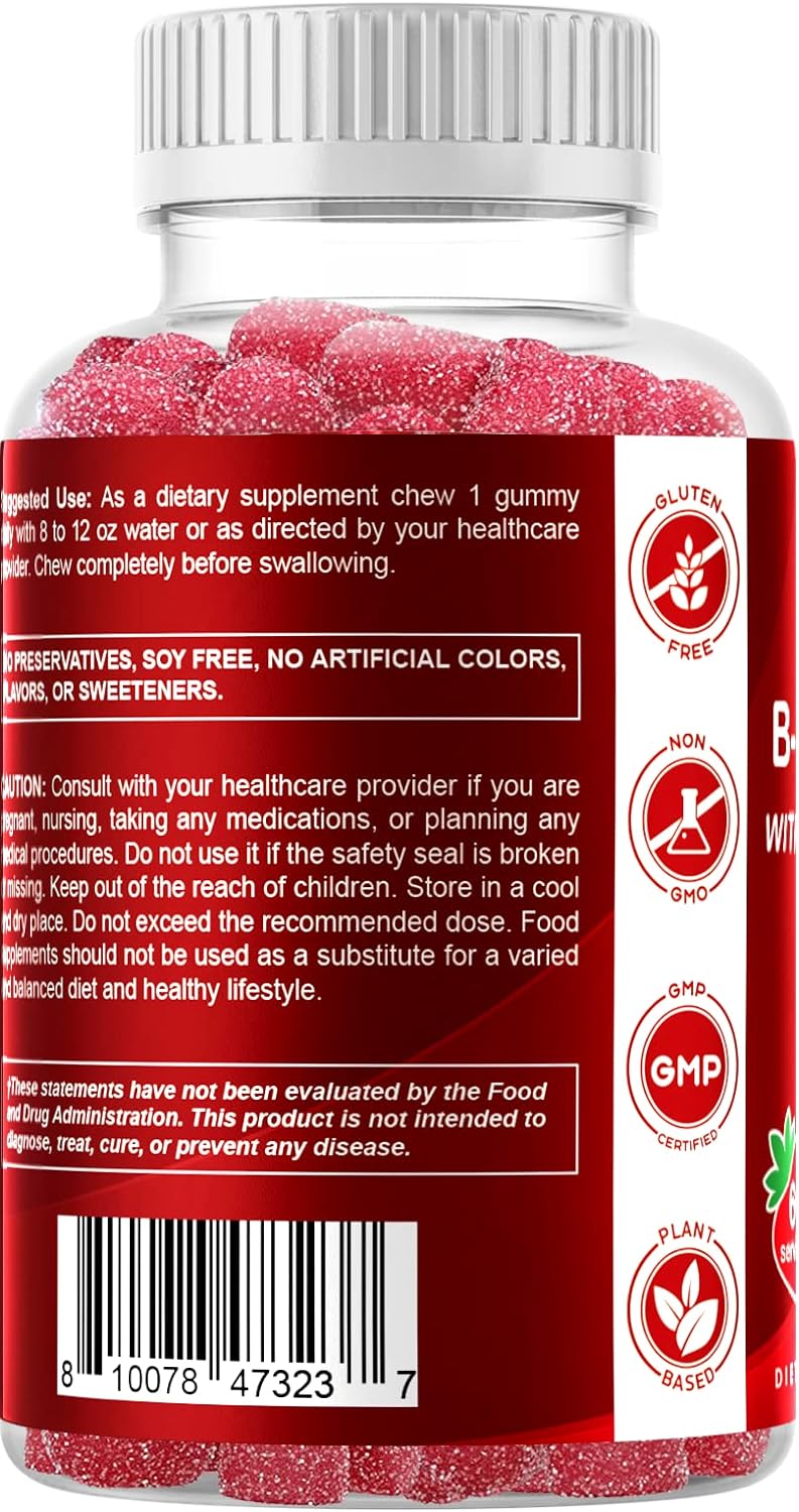 Vitamatic Vitamin B Complex Gummies with Vitamin C  Inositol - Natural Strawberry Flavor - 60 Gummies (1 Bottle)
