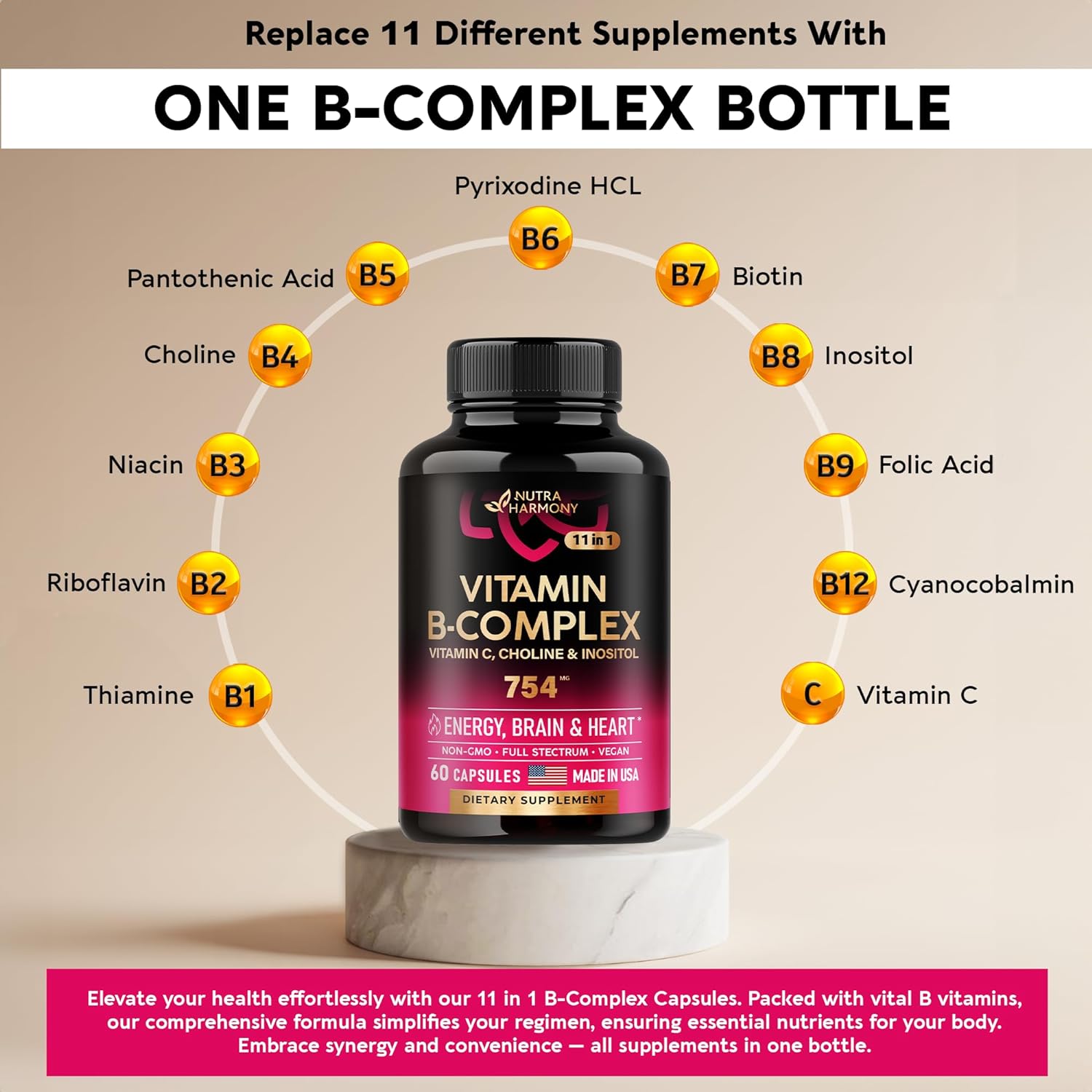 Vitamin B Complex - 11-in-1 B-Complex: B1, B2, B3, B5, B6, B7, B8, B9, B12 with Vitamin C, Choline, Inositol - Made in USA - Energy, Brain  Heart Support Supplements - 754 mg - 60 Vegan Capsules