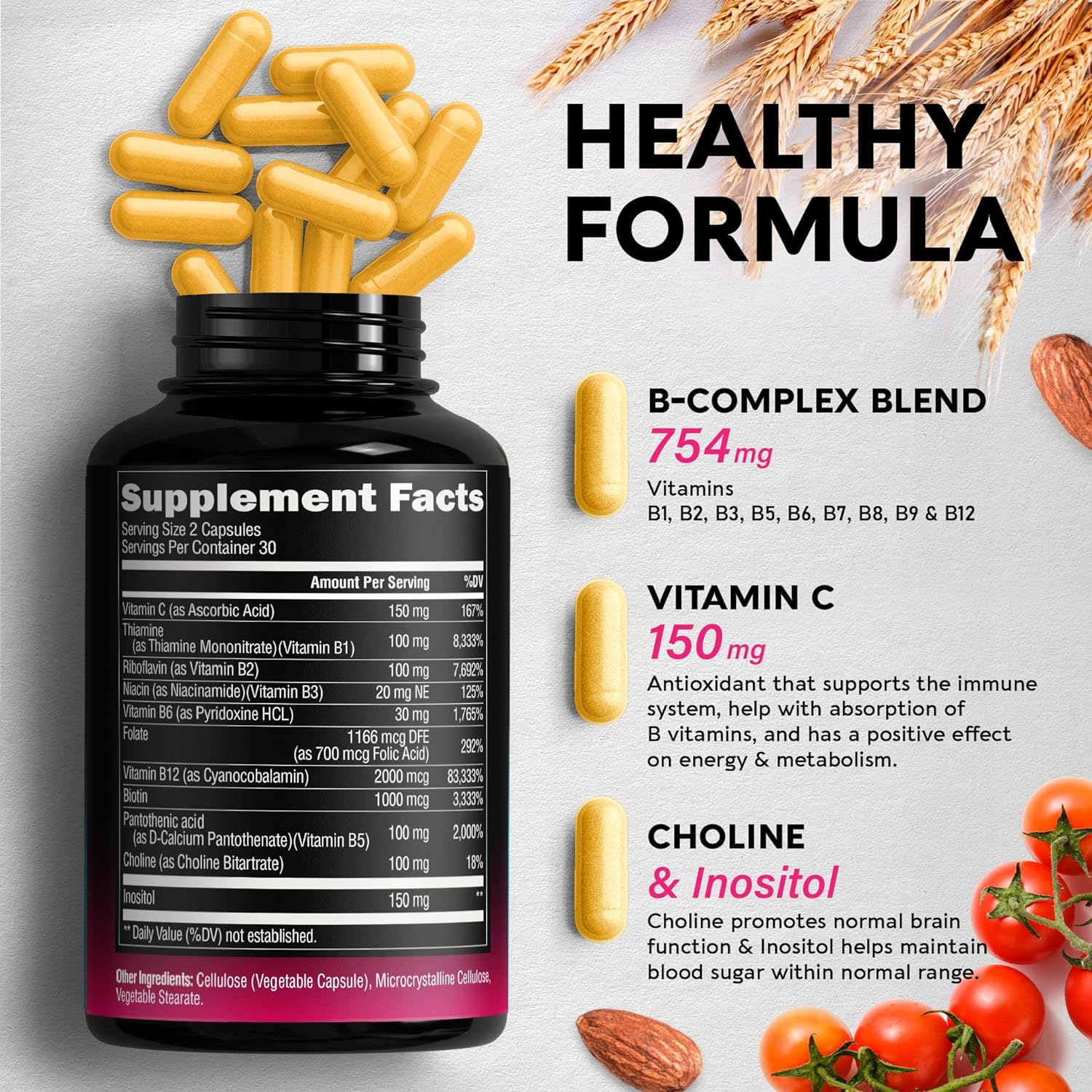 Vitamin B Complex - 11-in-1 B-Complex: B1, B2, B3, B5, B6, B7, B8, B9, B12 with Vitamin C, Choline, Inositol - Made in USA - Energy, Brain  Heart Support Supplements - 754 mg - 60 Vegan Capsules