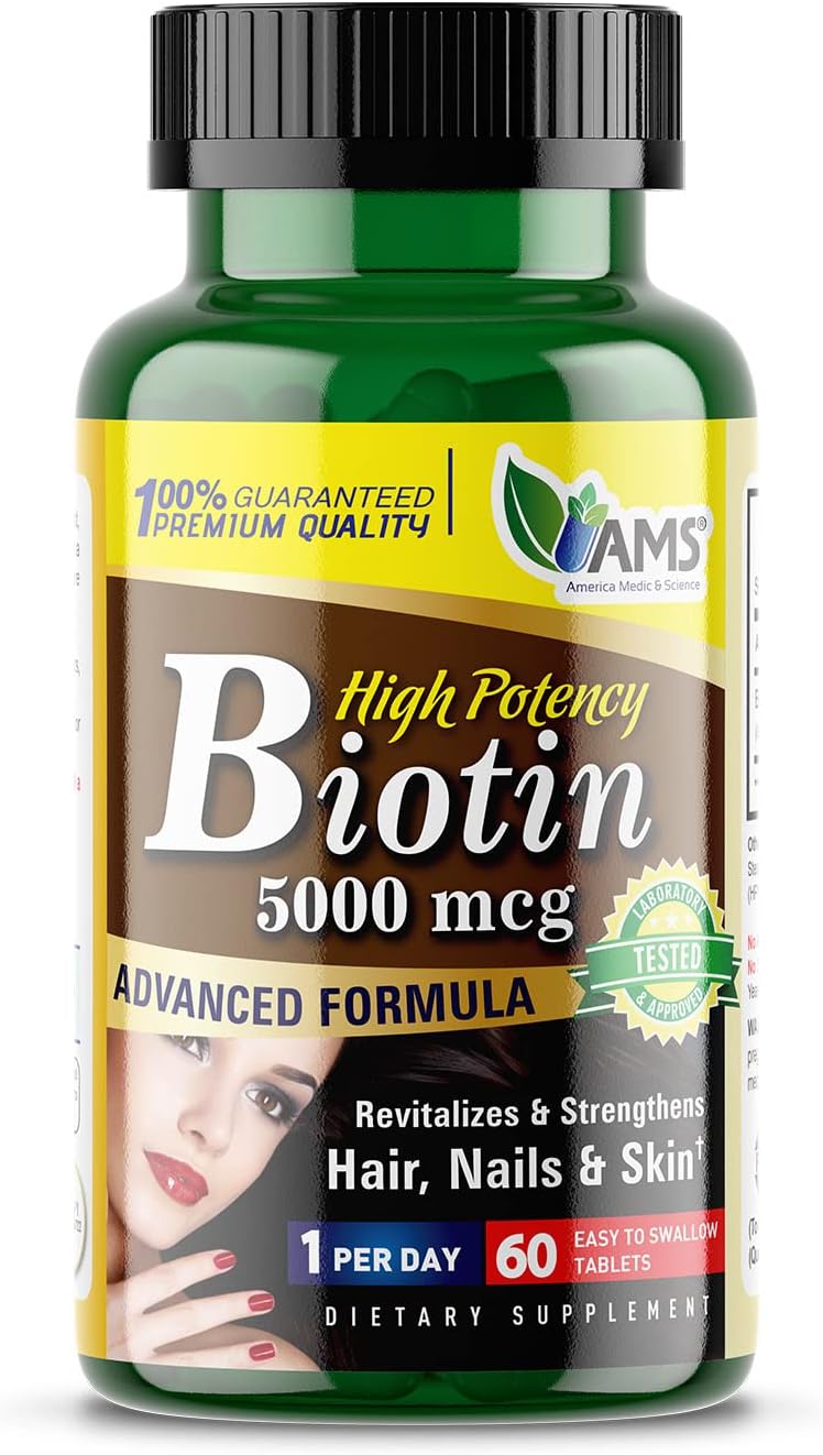 America Medic  Science High Potency Biotin 5,000 mcg | Vitamin B7 Dietary Supplement for Men and Women | Hair Growth Support | for Healthy Skin, Nails, and Metabolism