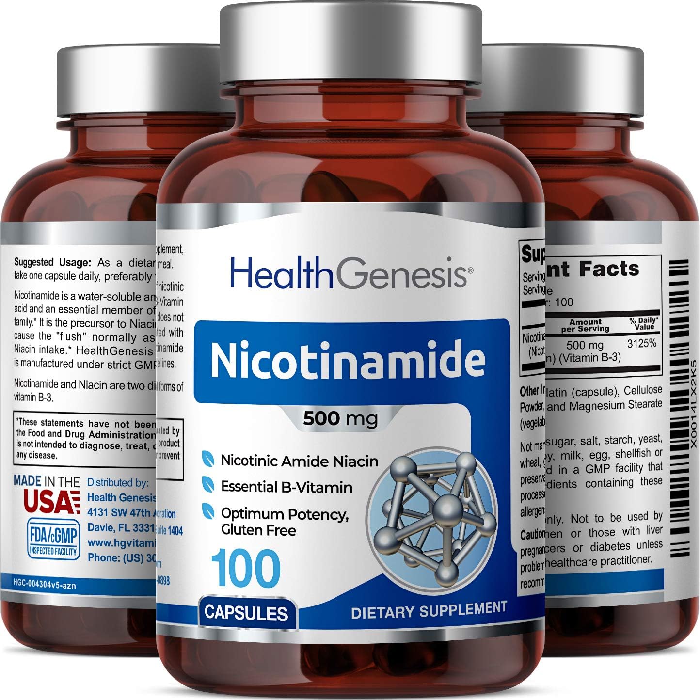 B-3 Nicotinamide 500 mg 100 Caps - Nicotinic Amide Niacin Natural Flush-Free Vitamin Formula - Supports Skin Cell Health
