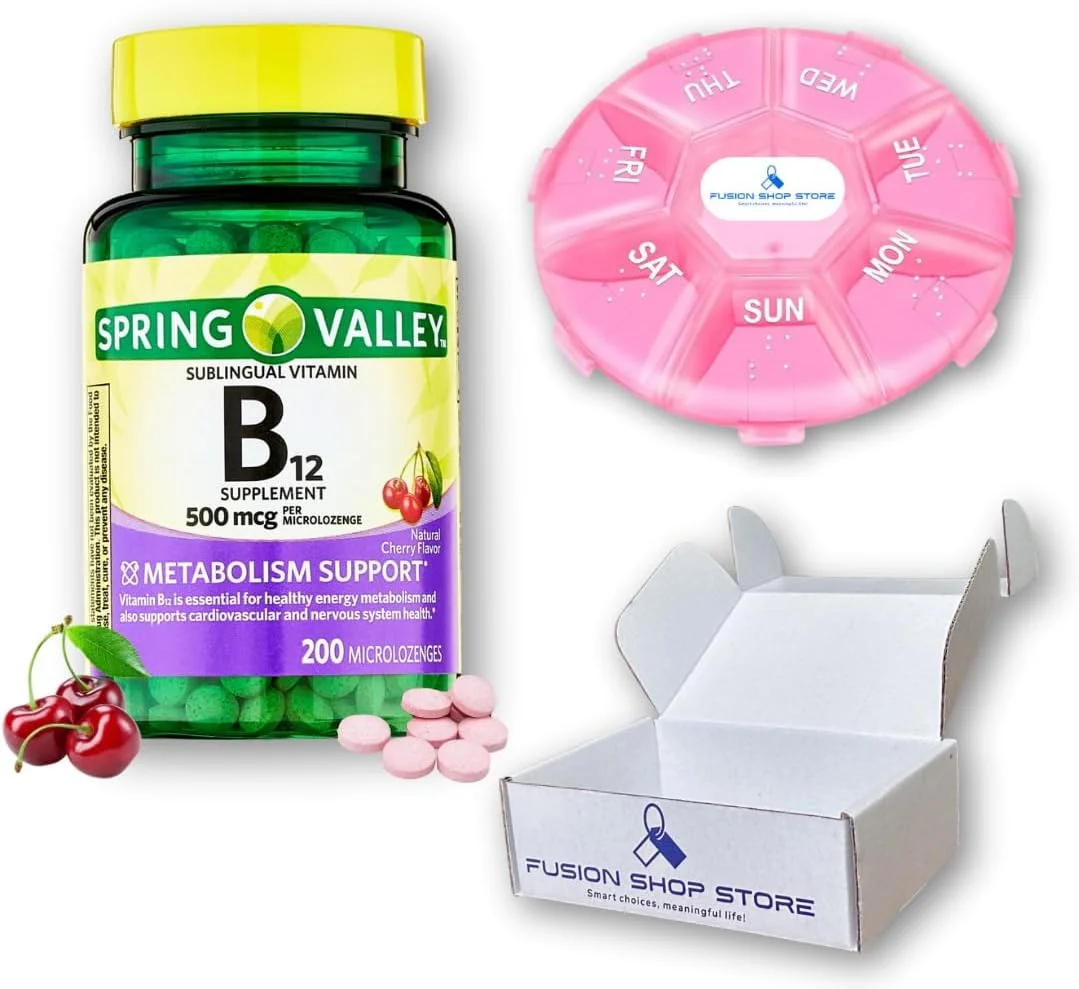 B12 sublingual, Supports Energy Metabolism and Nervous System Health, Spring Valley 500 mg Cherry Flavor 200 ct, Set with Fusion Shop Store Week case (1) (Pack of 1)
