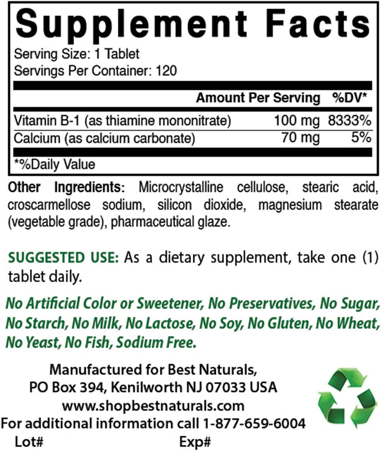 Best Naturals Vitamin B1 as Thiamine Mononitrate 100 mg  Vitamin B12 6000 mcg