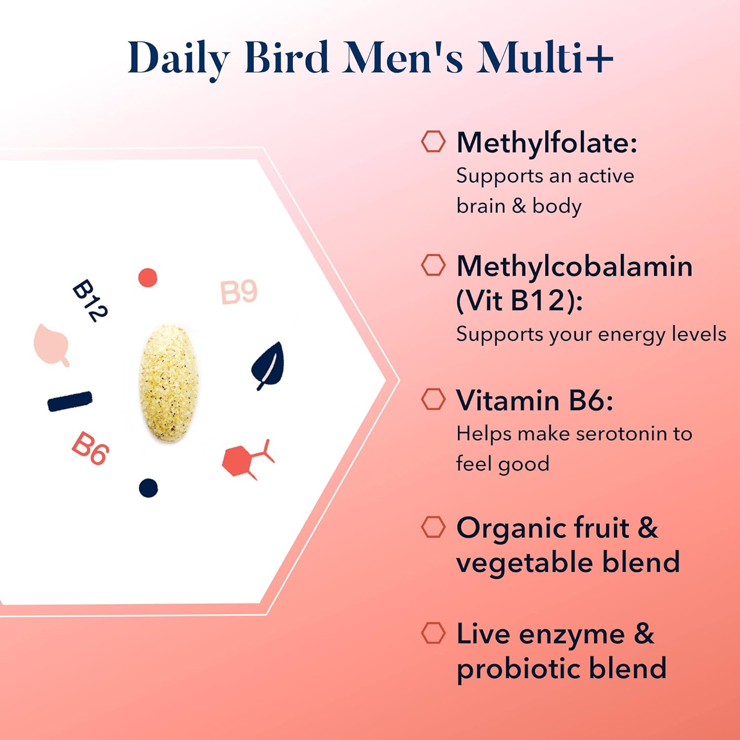 Best Nest Daily Bird Mens Multivitamin with Probiotics, Methylfolate, B12, with Whole Food Organic Blend, Once Daily Multivitamin Supplement, 30 Ct