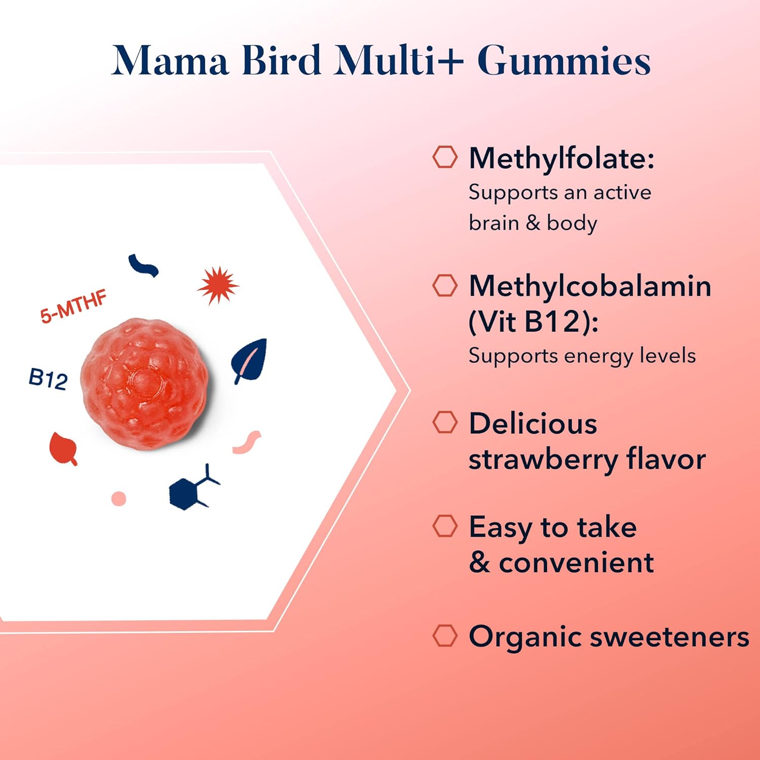 Best Nest Wellness Mama Bird Gummy Prenatal Vitamins, Methylfolate (Folic Acid), Vegan, 2 Gummies per Serving, for Eye and Brain Development, Strawberry Flavor, 60 Ct