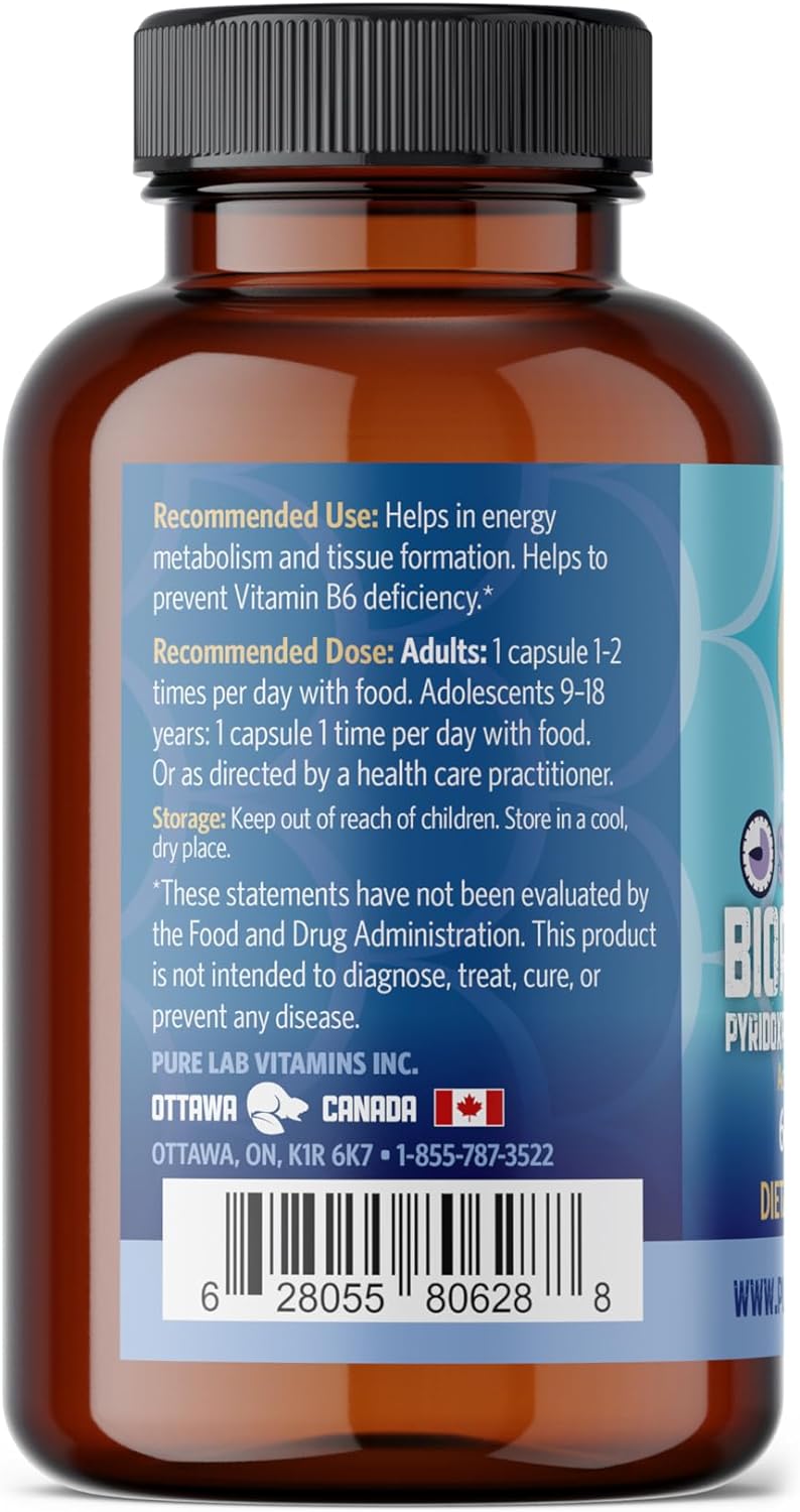Bioactive B6 Supplement - Pyridoxal-5-Phosphate (P-5-P) - 60 Vegan Caps by Pure Lab Vitamins (DRC-Delayed Release Caps) - Gluten Free Made in Canada